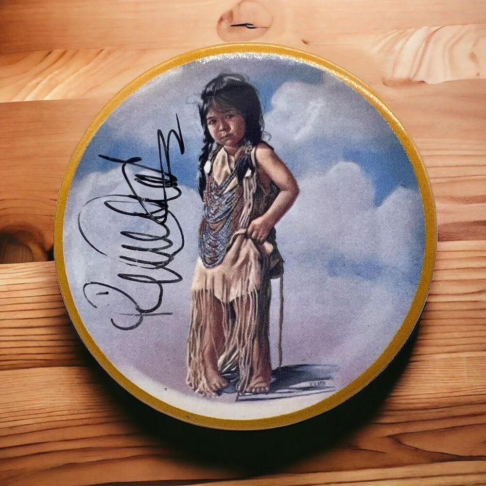 Penni Anne Cross Crow Artist Signed Vintage Button Pinback Native American Girl